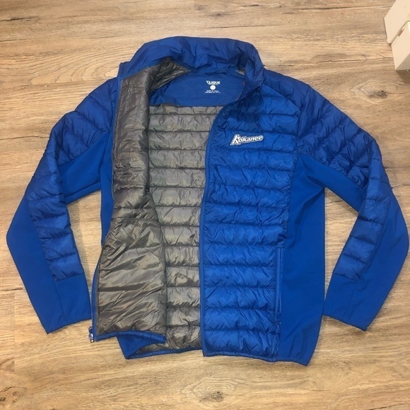 KOKANEE Beer Dark Blue Thin Puffer Coat Zip Up Stretchy Sides Size Large - Picture 4 of 5